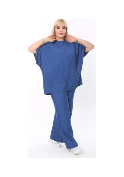 Mia Butik Büyük Beden Mavi Yuvarlak Yaka Salaş Takım Mavi