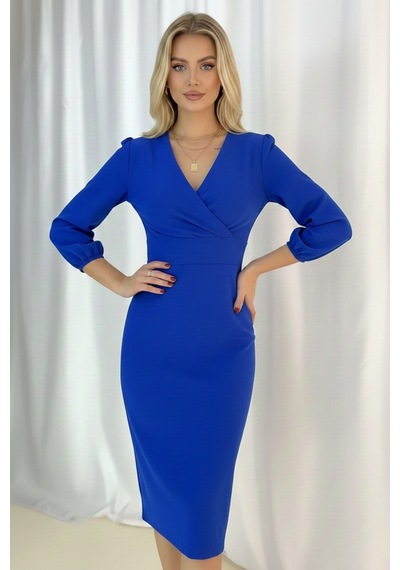 Defymoda Kadın Klasik Kesim Manşetli Elbise Mavi