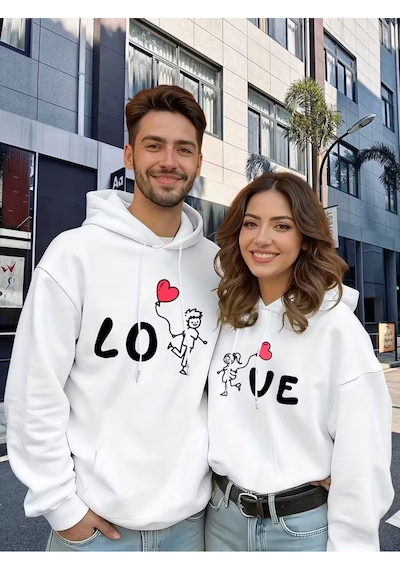 Nevermind Sevgili Çift Kombini Love Baskılı Kapüşonlu Sweatshirt 2li Set Ta Beyaz