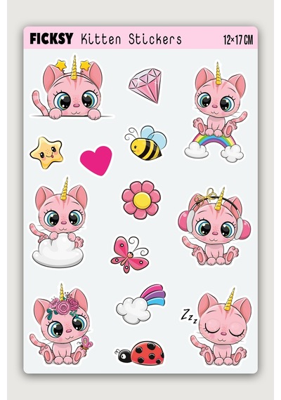 Sevimli Yavru Kedi Sticker Seti - 14 Adet Etiket Çıkartma Diğer