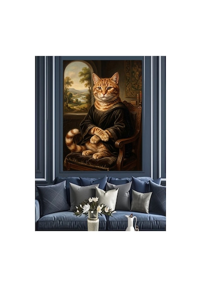 Mona Lisa Tarzı Soylu Kedi Yağlı Boya Dokulu Kanvas Tablo Canvas Tablosu