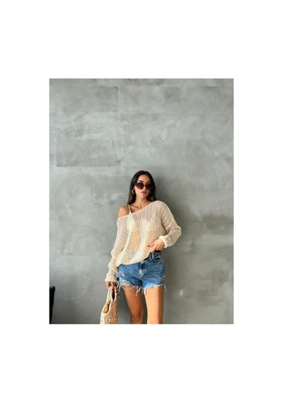De Pose Ajurlu Sonbaharlik Triko Oversize Bluz Kazak Ekru