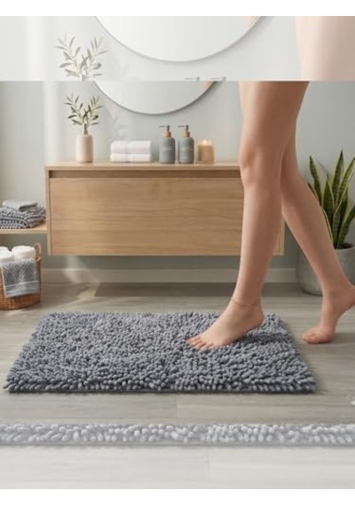 Şönil Banyo Paspası, Mikro Elyaf, Beyaz, 40x60 Cm Banyo Halısı, Uzun Tüylü, Yüksek Emicilik, Makinede Yıkanabilir Gri Diğer