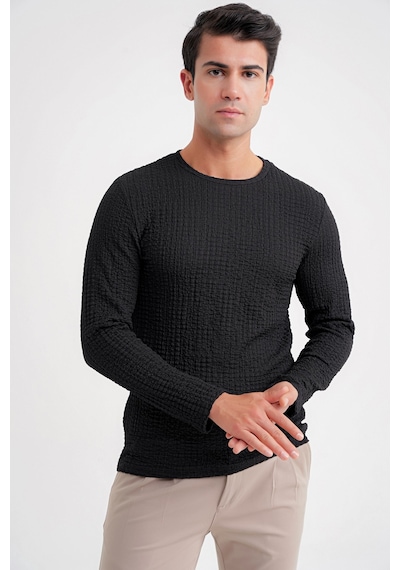 Efor Slim Fit Esnek Pamuklu Dokulu Kumaş Uzun Kollu Siyah Tişört Ts 934