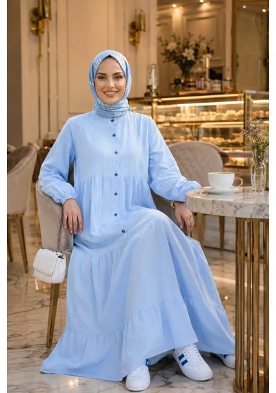 Hb Harma Time Butik Kadın Düğmeli Kat Detaylı Keten Mavi Elbise Mavi Mavi