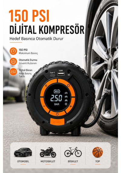 Akü Takviye Cihazı 1000a Jump Starter 150 Psı Lastik Şişirme Kompresörü Powerbank Led Fener