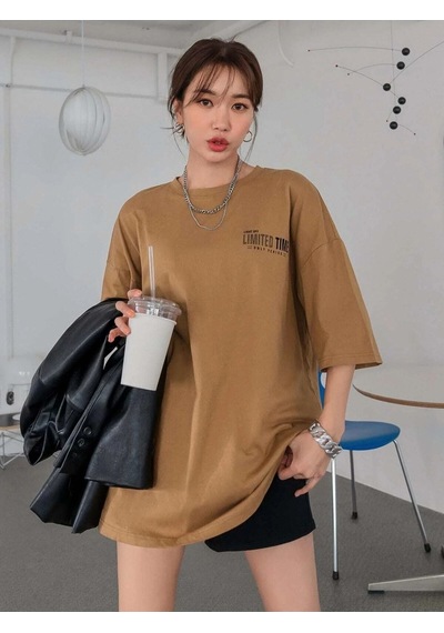 Flood Of Style Kadın Camel Oversize Limited Time Baskılı Tshirt Kahverengi