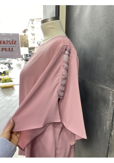 Pera Moda Yanları Boncuklu Zarif Kollu Uzun Oversize Büyük Beden Kadın Gömlek Pudra