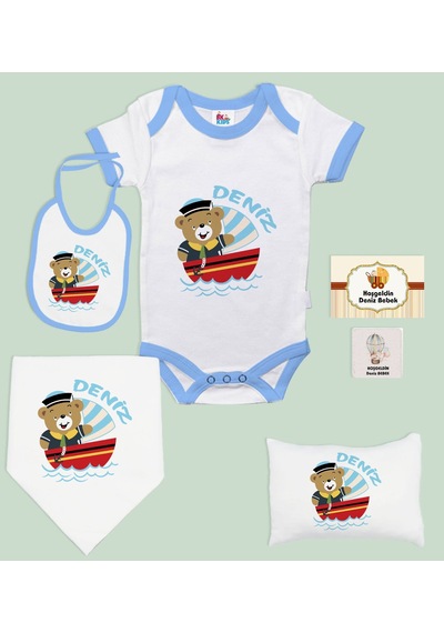 BK Kids Kişiye Özel İsimli 6 Parça Mavi Bebek Body Zıbın Battaniy