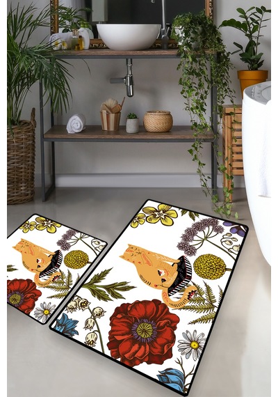 HENNAED CAT DJT 2 LI SET Banyo Halısı Banyo Paspası Beyaz