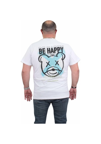Moc Grande Mocgrande Erkek Büyük Beden Sıfır Yaka Tişört Be Happy 24131 Beyaz-Beyaz