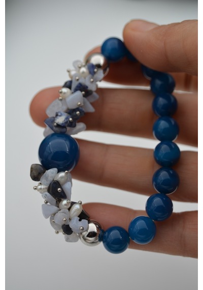 Stoneage Güzel Bayan Bileklik Ceyt Inci ve Lapis Lazuli Taşlı El Çok Renkli