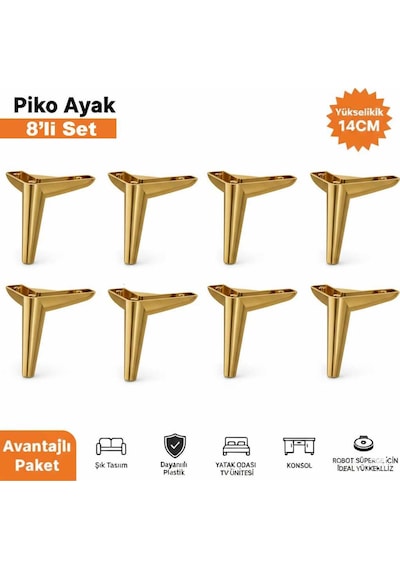 Piko 14 Cm Altın 8 Adet Koltuk Baza Tv Ünitesi Yatak Odası Konsol Çocuk Ve Genç Odası Ayağı Altın