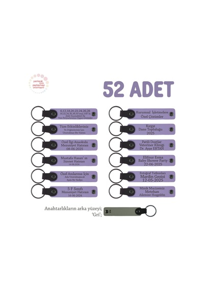 Doğum Günü Partisi İçin İsimli Hatıra Anahtarlık 52 Li Takım, Hediyelik Anı Set, Mor Menekşe & Gri