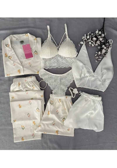 Mh Moony Homewears Kutulu Yigo 7'li Saten Penye Pijama Takımı Iç Giyim Çeyiz Seti Krem