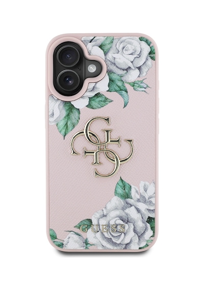 Apple Uyumlu iPhone 16 Kılıf Guess Lisanslı Gül Baskılı Büyük Metal Logo Dizaynlı Kapak Pembe