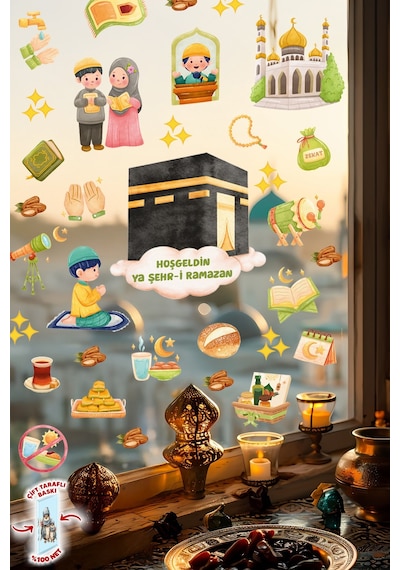 Ramazan Temalı Çift Taraflı Cam Sticker Seti Kâbe, Cami, İftar Ve Çocuk Figürlü Dekoratif Sticker Dijital Baskı