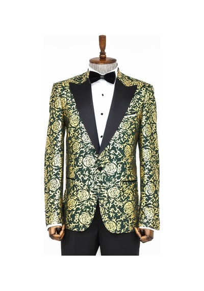 Wessi Gold Gül Desenli Slim Fit Yeşil Erkek Smokin Ceket Yeşil
