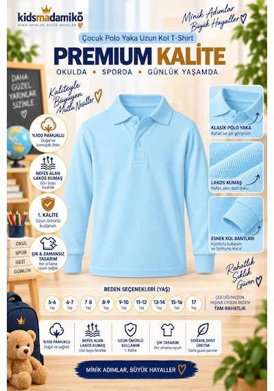 Kidsmadamiko Erkek Çocuk Uzun Kollu T-shirt Polo Yaka Pamuklu Bedenler Açık Mavi