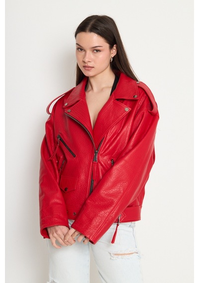 M M Marki Marki Kadın Hakiki Jumbo Deri Ceket Biker Tarz, Kemerli, Oversize, Apoletli, 65 Cm, Kırmızı - 116622x