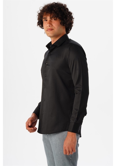Süvari Siyah Slim Fit Armürlü Klasik Yaka Gömlek