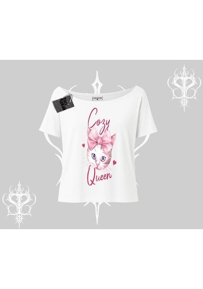 Tarzsokak Cozy Queen Kedi Baskılı Kayık Yaka Tshirt Beyaz
