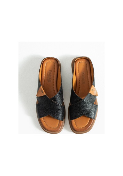 Dabab Shoes Narel Kadın Siyah Hakiki Deri Düz Taban Çapraz Bant Terlik Sandalet