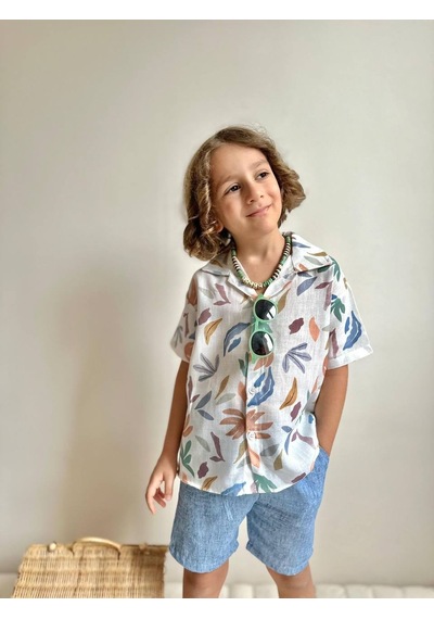 Miniko Kids Erkek Çocuk Yaprak Desenli Muslin Şortlu Gömlekli Pamuk Takım Ekru