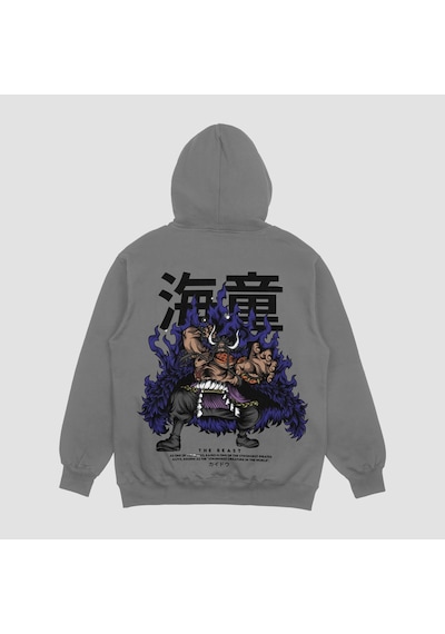 Unisex Gri Kaido Baskılı Hoodie Oversize Kapşonlu Sweatshirt Gri