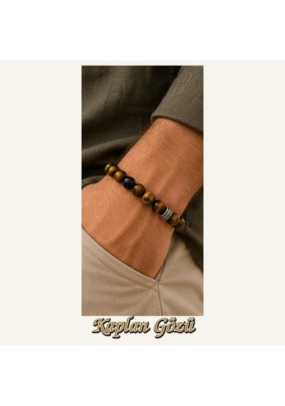 Kaplan Gözü Taşı Bileklik 8 Mm, Unisex, Elastik Çok Renkli