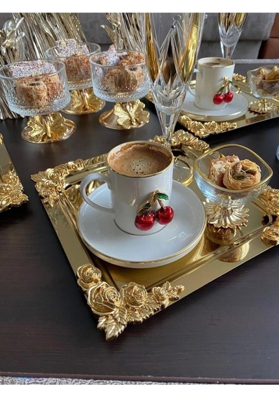 6'li Kahve & Çay & Sunum Tepsisi Metal Döküm Gül Model Gold Çok Renkli