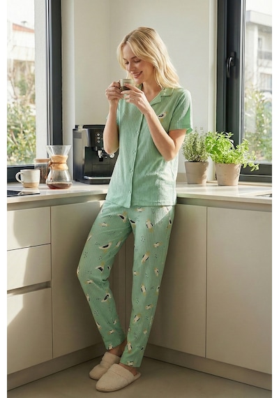Lela Regular Fit Gömlek Yaka Kısa Kollu Bayan Pijama Takımı 65740102 Mint