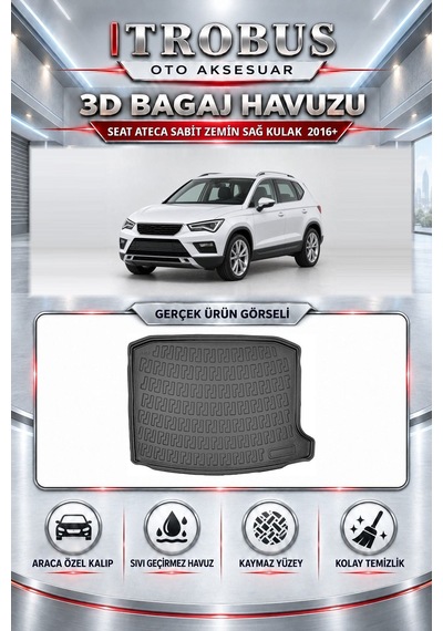 Seat Ateca 2016+ Araca Özel Karbon Desenli 3d Paspas Bagaj Havuzu Set Sabit Zemin Sağ Kulak Siyah