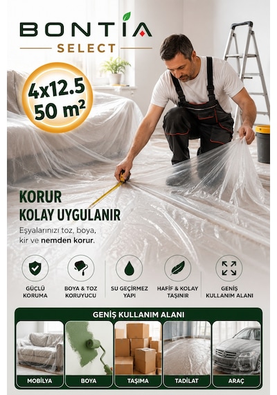 Koruyucu Örtü Naylonu 4x12,5 Metre 50 M² Şeffaf Boya Örtüsü Eşya Mobilya Zemin Toz Ve Boya Koruma Naylonu