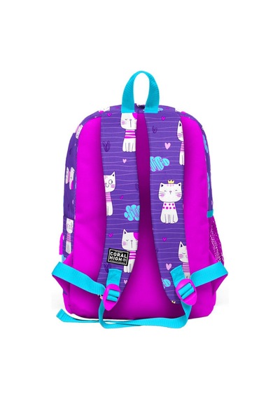 Coral High Kids Mor Pembe Kedi Desenli Dört Bölmeli USB Şarjlı Kulaklık Çıkışlı Okul Sırt Çantası 23264