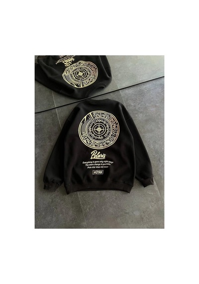 Kadın 3 İplik Pamuklu Bisiklet Yaka Baskılı Sweatshirt - Siyah