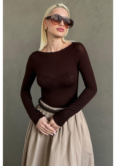 Kahverengi Kayık Yaka Transparan Kadın Bluz Mg2663 Kahverengi