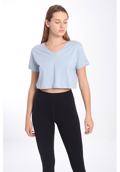 Maraton Sportswear Regular Kadın V Yaka Kısa Kol Basic Sisli Mavi Crop Top 21236 Mavi