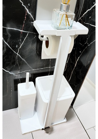 3'ü 1 Arada Banyo Seti Tuvalet Kağıtlık, Çöp Kovası Ve Tuvalet Fırça Takımı Beyaz