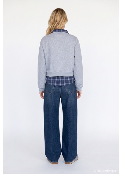 Quzu Ekose Garnili New York Yazılı Oversize Sweatshirt Grimelanj