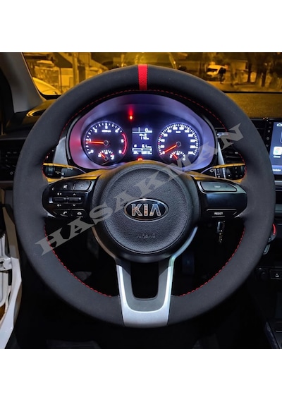 Kia Picanto Dikme Direksiyon Kılıfı Full Alcantara Süet Kırmızı Yüzük Ve Kırmızı Dikiş 2017-2024 Siyah