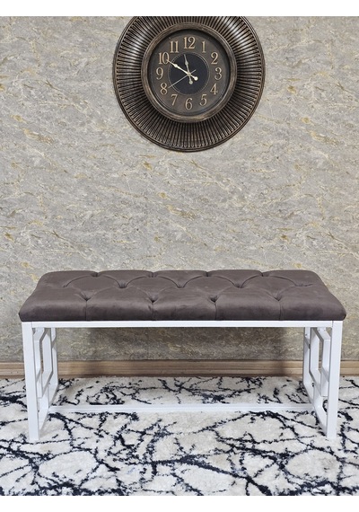 Zafir Beyaz Boyalı İçi Kareli Diktörtgen 100 Cm X 40 Cm Oturak Puf - Bench - Makyaj Oturağı - Oturak Kahverengi