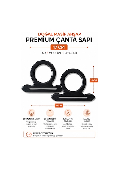 Vollen Yarn Doğal Masif Ahşap Premium Çanta Sapı 17 Cm 1 Çift 2 Adet El Yapımı Çanta Kulpu Çanta Aksesuarı Siyah