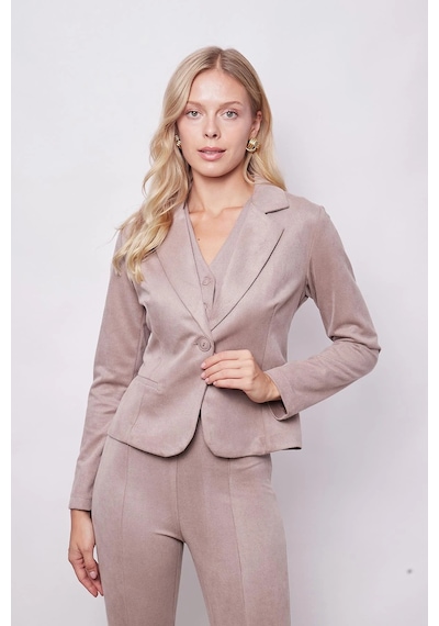 Kadın Kadife Likralı Yumuşak Dokulu Flato Cepli Uzun Kol Düğmeli Blazer Mono Ceket-bej Bej