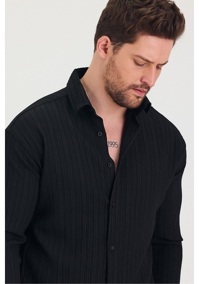 Tarz Cool Erkek Kendinden Çizgi Detaylı Slim Fit Dar Kalıp Uzun Kol Gömlek Siyah