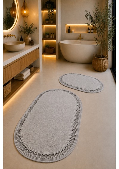 El Yapımı Bohem Banyo Paspası 2'li Pelüş Kaymaz Jel Taban 40x60 Cm Ve 60x100 Cm Gri