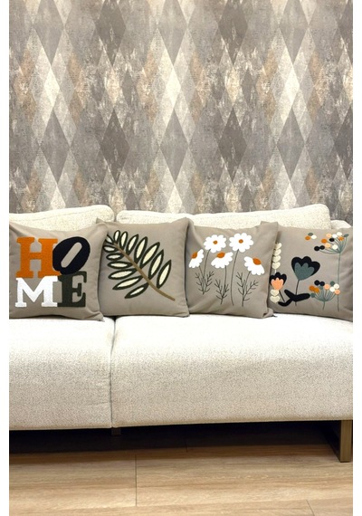 4 Lü Dekoratif Kırlent Kılıfı Seti Home Çiçek Papatya Yaprak Modern Boho Bej Bej