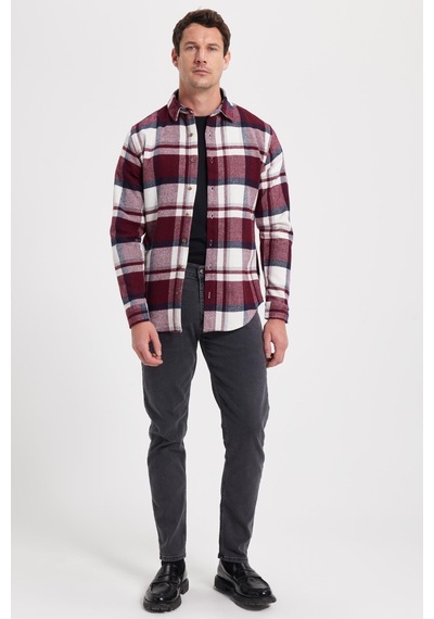 Tudors Erkek Slim Fit Dar Kesim Kareli Kışlık Oduncu Gömlek-42347 Bordo