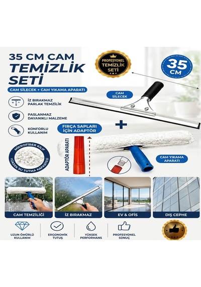 35 Cm Profesyonel Cam Temizlik Seti - Metal Cam Silecek + Mikrofiber Peluş Aparat + Fırça Sapı Uyum Adaptörü Siyah
