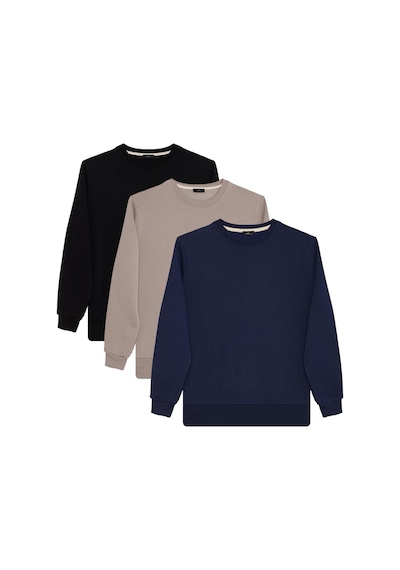 Tudors Erkek 3'lü Lacivert-taş-siyah Relax Fit Rahat Kesim %100 Pamuk 2 İplik Bisiklet Yaka Sweatshirt-42244 Çok Renkli